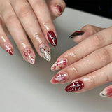 Qfdian  24pcs Valentine's Day Press On Nails  Gradient Red Almond French Style Fake Nails Love Heart 3D Bowknots Designs False Nail