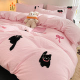 Qfdian Korean Style Pink Bedding Set Black Cat Embroidery Washed Cotton  Duvet Cover Cute Cardboard  Bed linen Comforter Sets