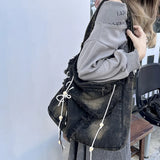 Qfdian Washed Denim Women Shoulder Bag Large Capacity Student Zipper Messager Handbags