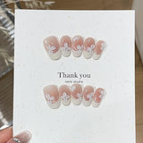 Qfdian  10Pcs White French Pink Heart Diamond Manicure Art Gentle Sweet Short Oval Artificial Wearing Nails Patch Full Cover Press Ons