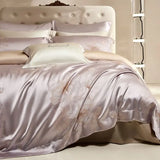 Qfdian Flower Jacquard Color Blocking Luxury Bedding Set Lyocell Cotton Soft Silky Duvet Cover Flat/Fitted Bed Sheet Pillowcases 4Pcs