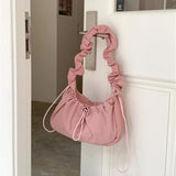 Qfdian Japanese Fashion Casual Women's Handbags Y2k Aesthetic All Match Nylon Simple Shoulder Bags Vintage Solid Pleated Underarm Bag