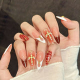 Qfdian  10pcs Handmade Press on Nails Autumn Retro Leopard Print False Nails Wearable Detachable French Oval Head Fake Nail Tips