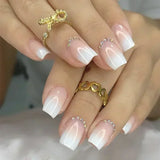 Qfdian 24Pcs Gradient Short Ballet Nails Set with Glue White Simple False Nails Coffin Fake Nail Press on Nails Full Cover Nail Tips