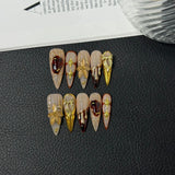 Qfdian  10pcs Retro Court Style Fake Nails 3D Embossed Flower False Nails Golden French Nail Art Colorful Long Stiletto Press on Nails