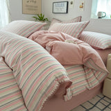 Qfdian  Nordic Bedding Set Striped Duvet Cover Set 100% Cotton Soft Flat Sheet Single Twin Size Double Bed Sheet Set For Bedroom Decor