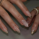 Qfdian  24pcs Press on Fake Nails Set Almond Wearable Simple French Flower False Nail Art Gold Beads Design Diamond Manicure Tips
