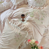 Qfdian  4/7Pcs Flowers Embroidery Lace Ruffles Wedding Bedding Set 1200TC Egyptian Cotton Duvet Cover Flat Bed Sheet Pillowcases