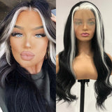 Qfdian Black White Highlight Wig Synthetic Lace Front Wig Long Curly Natural Wavy Colored Body Wave 13X4 Lace Frontal Wigs for Women