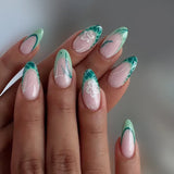 Qfdian  24pcs Sweet Pink Flower Press On Nails Glossy Short Almond Full Cover Stick-on Nails Gold Stripe Blush Artificial False Nails