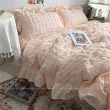 Qfdian  Korean Princess Yellow Bedding Set For Women Double Ruffle Lace Duvet Cover Full Queen Solid Color Comfortable Bed Sheet Set