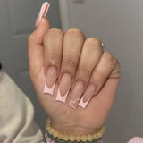 Qfdian 24Pcs Extra Long Square Fake Nail with Glue 3D Little Bear Bow Design False Nails White French Press on Nails Wearable Manicure