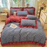 Qfdian  Korean Style Floral Double Gauze Bedding Set 3pcs/4pcs Soft Breathable Cotton Duvet Cover Sheet Girly Dorm Home Textile
