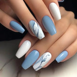 Qfdian  24pcs Blue Love False Nails Tips Datachable Fashion Short Ballet Press on Nails Art with Jelly Glue Simple Square Fake Nail Sets