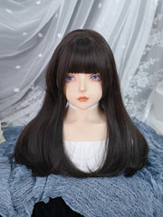 Qfdian 22Inch Black Color Hime Cut Synthetic Wigs with Bang Long Natural Straight Hair Wig for Women Daily Use Cosplay Heat Resistant