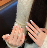 Qfdian Handmade Rainbow Nail Art French Sweet Press on Nail Reusable Acrylic False Nails Mid Coffin Artificial Manicure