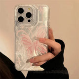 Qfdian Pink Butterfly Laser Phone Case For Apple IPhone 15 11 13 14 12 Pro Max 16 Plus SE2 3 X XR XS Max 8 7 Plus Lens protection Cover