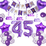 Qfdian  Purple White Foil Birthday Number Decorations Happy Birthday Banner Purple Happy Birthday Swirls Foil Heart Star Latex Balloons