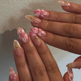 Qfdian 24pcs Mid-length Almond Press on Nails Sets Wearable Gradient Pink Flower Pearl Design False Nail French Fake Nail Finished Tips