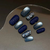 Qfdian  10Pcs Fake Nails Blue Cat-Eye Glitter Short-Length Press-On Nails for Fall/Winter Perfect Gift for Women and Friends