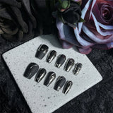 Qfdian 10Pcs Black Handmade Press on Nails Coffin Fake Nails Full Cover Gradient Metal Cool Artificial False Wearable Nail Tips Girl