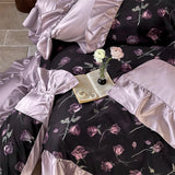 Qfdian 1000TC Egyptian Cotton Vintage Rose Prints Pleated Ruffles Purple Bedding Set Duvet Cover Flat/Fitted Bed Sheet Pillowcases 4Pcs