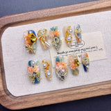 Qfdian Luxury Press On Nails French Romantic Style with Alloy Gems Crystal Pearls Resin Flowers Elegant Glam Design for Party Wedding