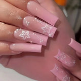 Qfdian  24Pcs Long Coffin False Nails Pink French Flowers Design Fake Nail with Butterfly Rhinestone Wearable Ballet Press on Nails