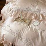 Qfdian 800TC Lyocell Bamboo Fiber Soft Silky Bedding Set Rose Floral Embroidery Lace Ruffles Duvet Cover Flat/Fitted Sheet Pillowcases