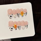 Qfdian  10pcs Handmade White French Press on Nails Nude Pink Almond Design False Nails Wearable Sweet 3D Flower Decor Fake Nail Tips