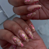 Qfdian  24pcs Press on Fake Nails Set Almond Wearable Simple French Flower False Nail Art Gold Beads Design Diamond Manicure Tips