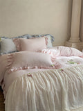 Qfdian French Lace Ruffles Princess Wedding Bedding Set Pure Cotton Double Layer Yarn Soft Duvet Cover Flat/Fitted Bed Sheet Pillowcase