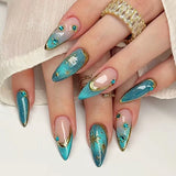 Qfdian  24pcs Smudging Blue False Nails Gentle Almond Gold Star Patterns Press On Nails Romantic Wearable Fake Nail Spicy Girl Manicure