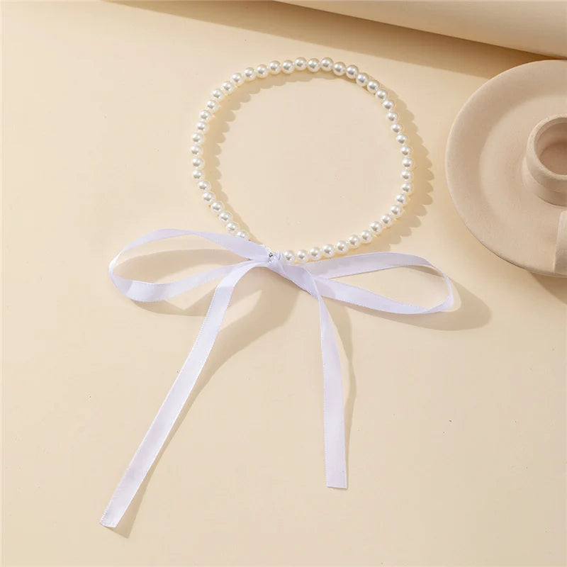 Trend Wedding Party Jewelry Long Black Ribbon Choker Necklace For Women Elegant White Imitation Pearl Beach Vacation Necklaces