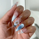Qfdian  24Pcs Mid-length 3D Flowers Design Fingertips Sweet Butterfly Yellow Ripple Almond False Nails Detachable Full Cover Press Ons