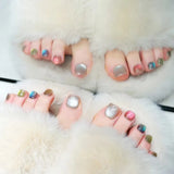 Qfdian  24pcs Light Pink Cat's Eye Press On Nails For Foot Simple Red Wave Point Decor False Toenails Korean Style Summer Fake Toenail