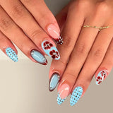 Qfdian  24pcs Sweet Pink Flower Press On Nails Glossy Short Almond Full Cover Stick-on Nails Gold Stripe Blush Artificial False Nails