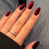 Qfdian  24pcs Glossy Red Cat's Eye Press On Nails Full Cover Nude Color Wearable Almond False Nails Charms Detachable Fake Nail For Girl