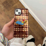 Qfdian Autume brown check stripes fundas for iphone 13pro 15promax 16pro 14pro 13 16 15 pro max 12 14 embroidery puppy ins phone case
