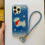Qfdian Winter scarf puppy shiny fundas for iphone 15pro 14promax 13 15 16 14 pro max 13promax blue gradient anti-fall rope phone case