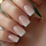 Qfdian 24Pcs Gradient Short Ballet Nails Set with Glue White Simple False Nails Coffin Fake Nail Press on Nails Full Cover Nail Tips