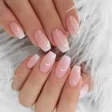 Qfdian 24Pcs Gradient Short Ballet Nails Set with Glue White Simple False Nails Coffin Fake Nail Press on Nails Full Cover Nail Tips