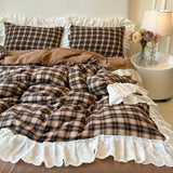 Qfdian  Plaid Bedding Set Vintage Lace Ruffles Duvet Cover Set Flat Sheets Set 2 Pillowcases Single Twin Full Queen Size Bed Set 3/4Pcs