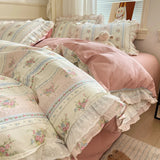 Qfdian Princess Style Lace Ruffles 100% Cotton Bedding Set Floral Pastoral Style Duvet Cover Flat/Fitted Bed Sheet Pillowcases 3/4Pcs