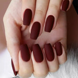 Qfdian 24Pcs Solid Color Wine Red Design Fake Nail Short Square Press on False Nails Simple Detachable Finished Full Cover Nail Tips
