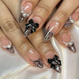 Qfdian  24pcs Light Coffee French Style Press On Nails Leopard Print Almond Spicy Girl Fake Nails With Bowknots Pearl Decor False Nail