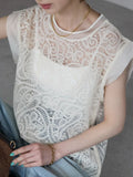 Qfdian  Hook Flower Hollow Shirt Lace Vest Korean Fashion Black Blouse  Summer Sleeveless Tops Transparent O-Neck Beige Shirt Female