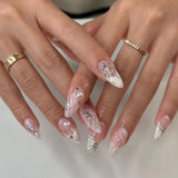 Qfdian 24Pcs Simple French Nails Art Tips Fake Nails 3D Design Wearable Full Cover False Nail Mid-length Almond Reusable Press on Nails