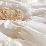 Qfdian 4/6Pcs White Pink 100% Cotton Princess Wedding Bedding Set Three Layers White Chiffon Lace Duvet Cover Set Bed Skirt Pillowcases