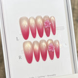 Qfdian  10pcs Handmade Long Almond Press on Nails Gradient French Cat Eye False Nails Pink Flower Design Fake Nails for Women Wearable